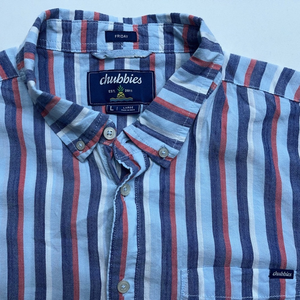Chubbies Friday Shirt Mens Large Striped Button Up Short Sleeve Cotton Rayon 🍍